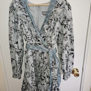 Anthropologie Black and Blue Floral Long Sleeve Dress Size LARGE